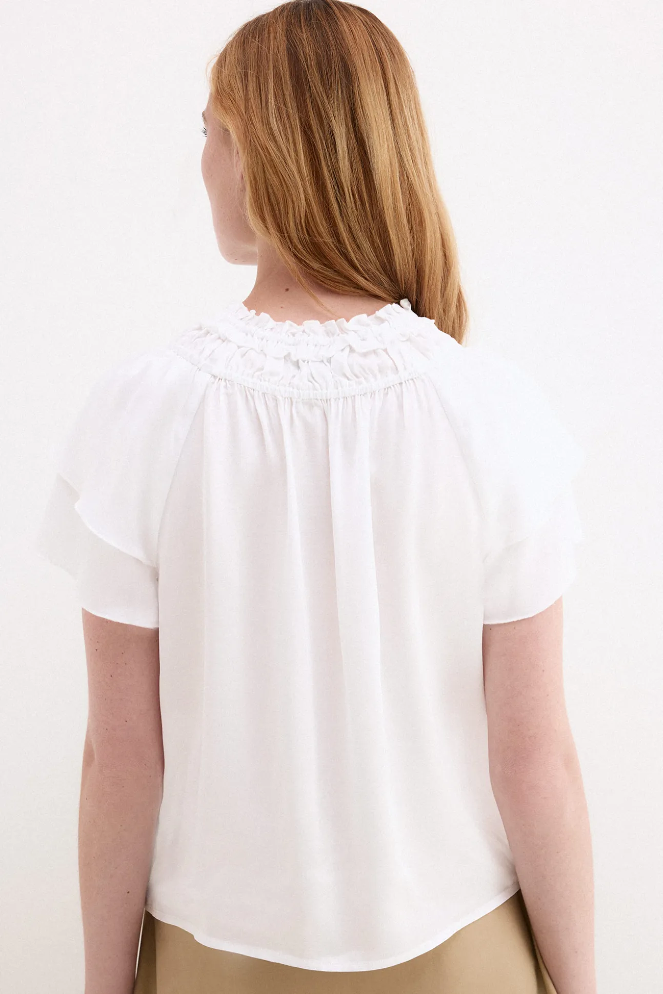 Blusa satén lisa manga volantes