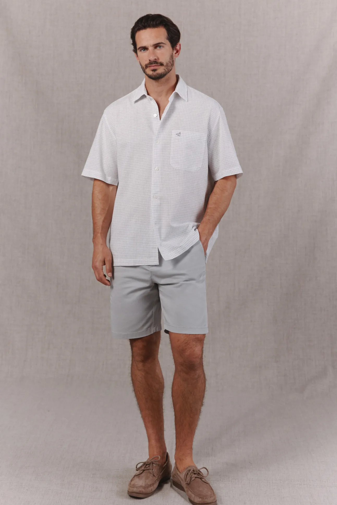 Camisa algodón lino cuadros manga corta