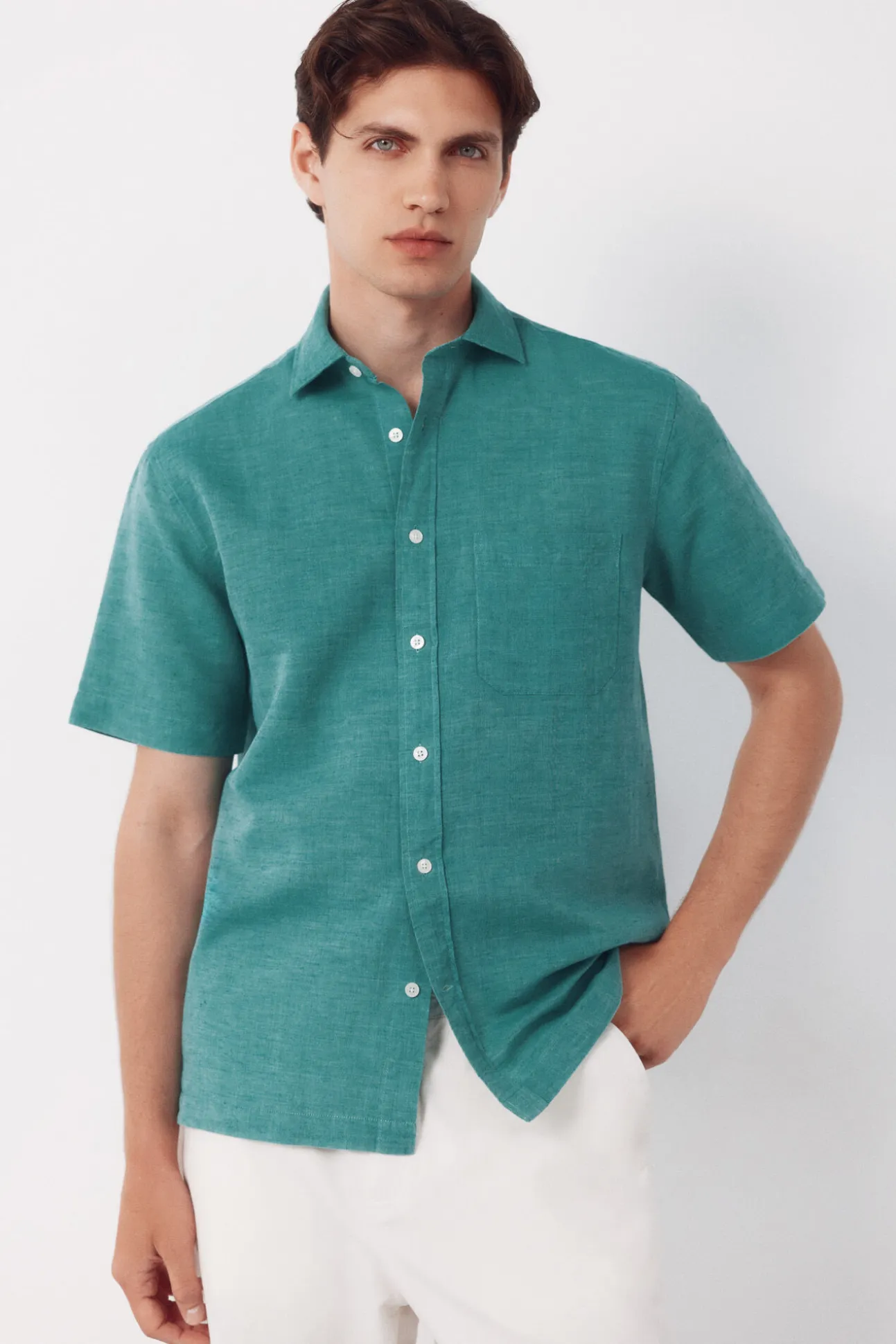 Camisa algodón lino lisa manga corta