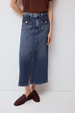 Falda recta tejido denim detalle trenza