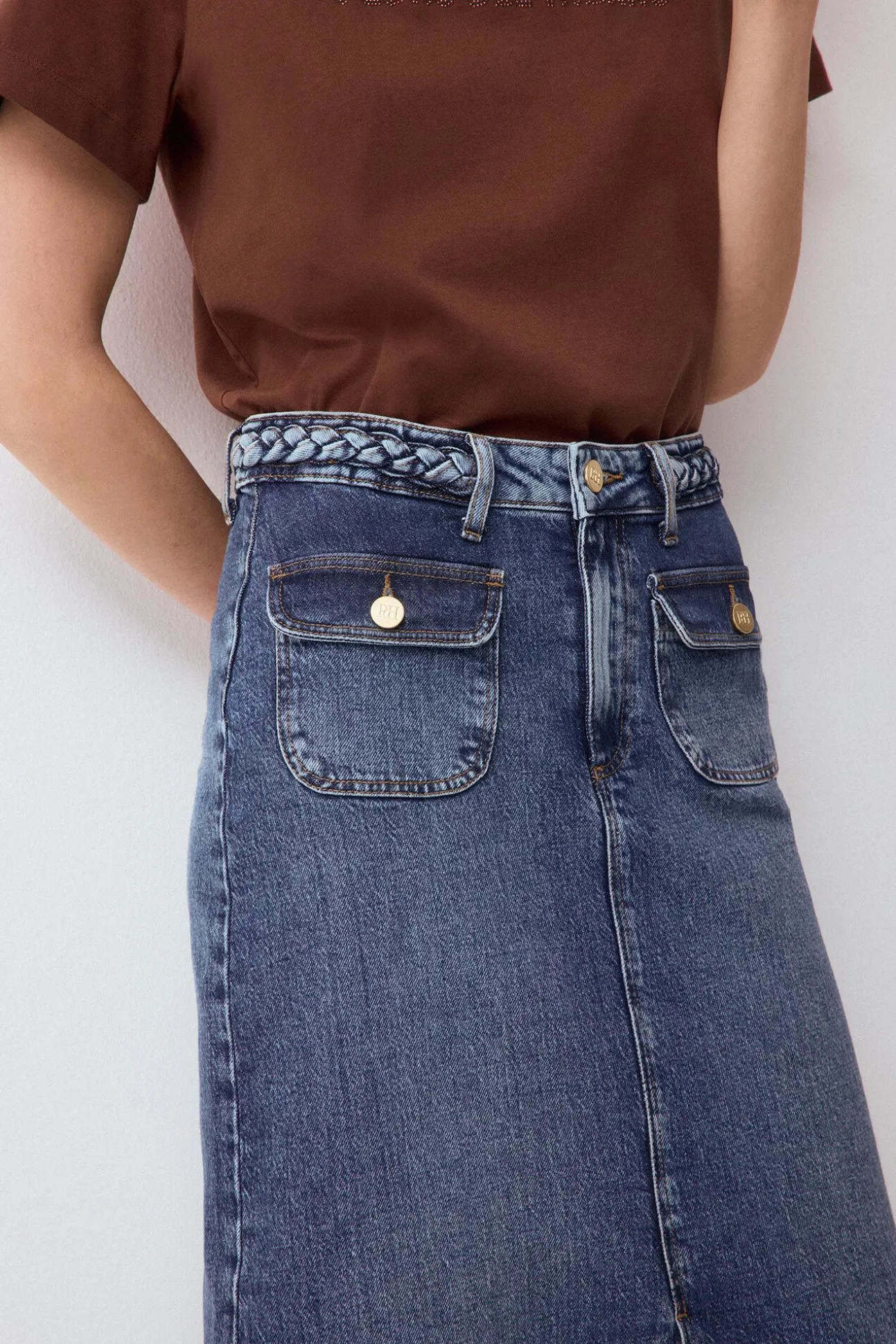 Falda recta tejido denim detalle trenza