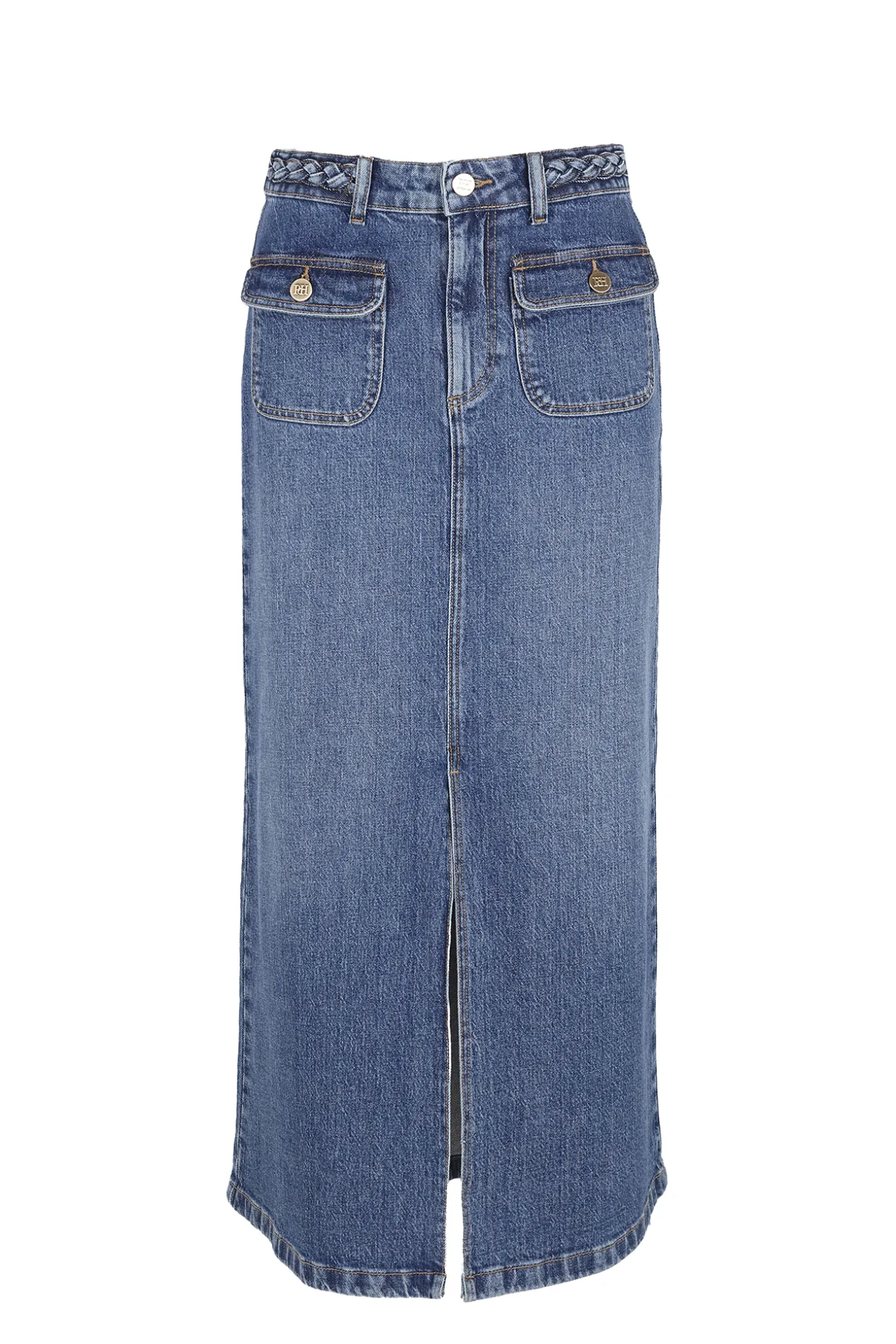 Falda recta tejido denim detalle trenza