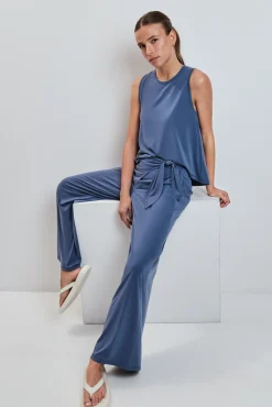 Pantalón largo palazzo tacto suave azul